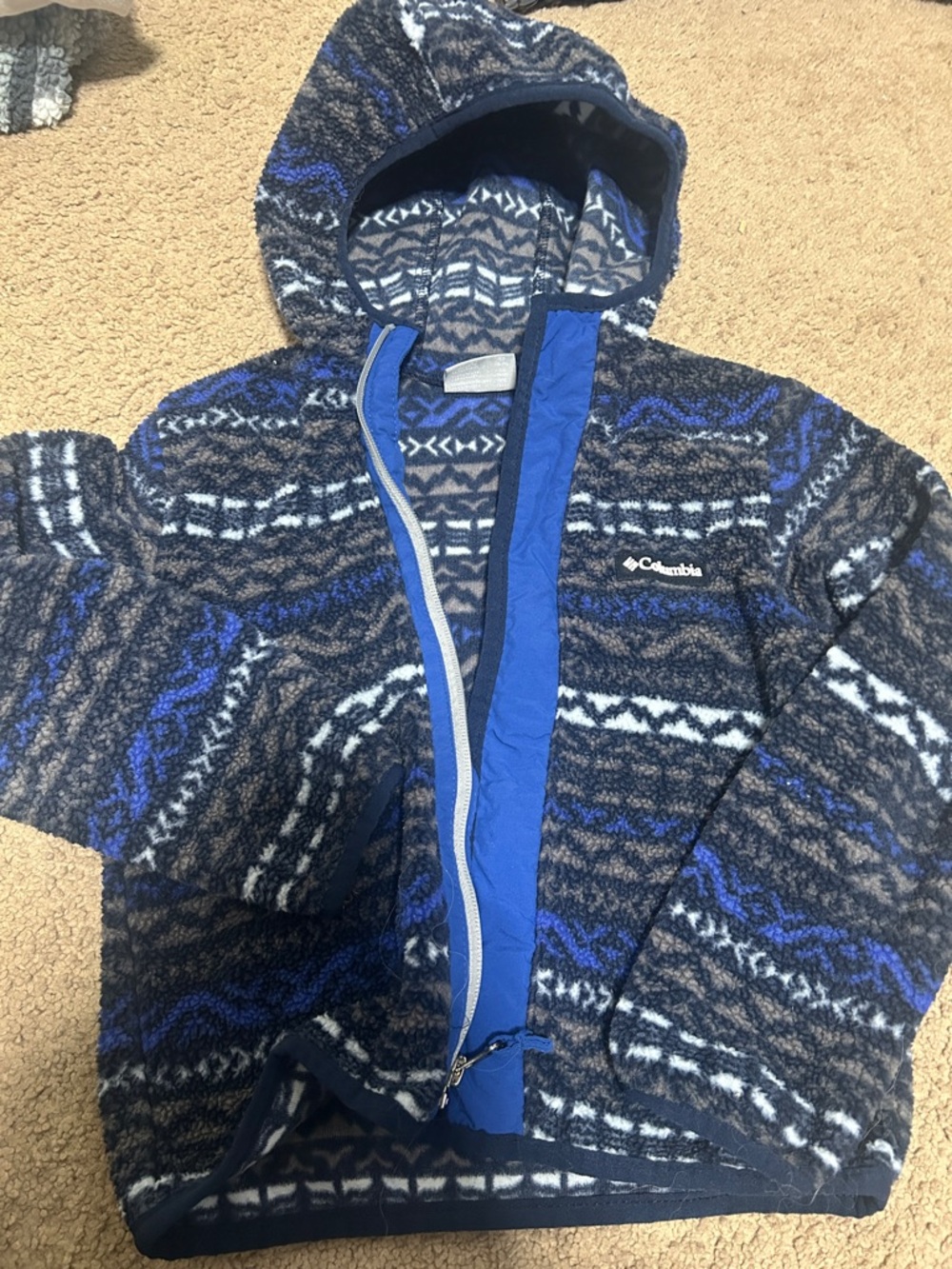 Boys Columbia Patterned Hooded Fleece in Blue, Gray & White, XS